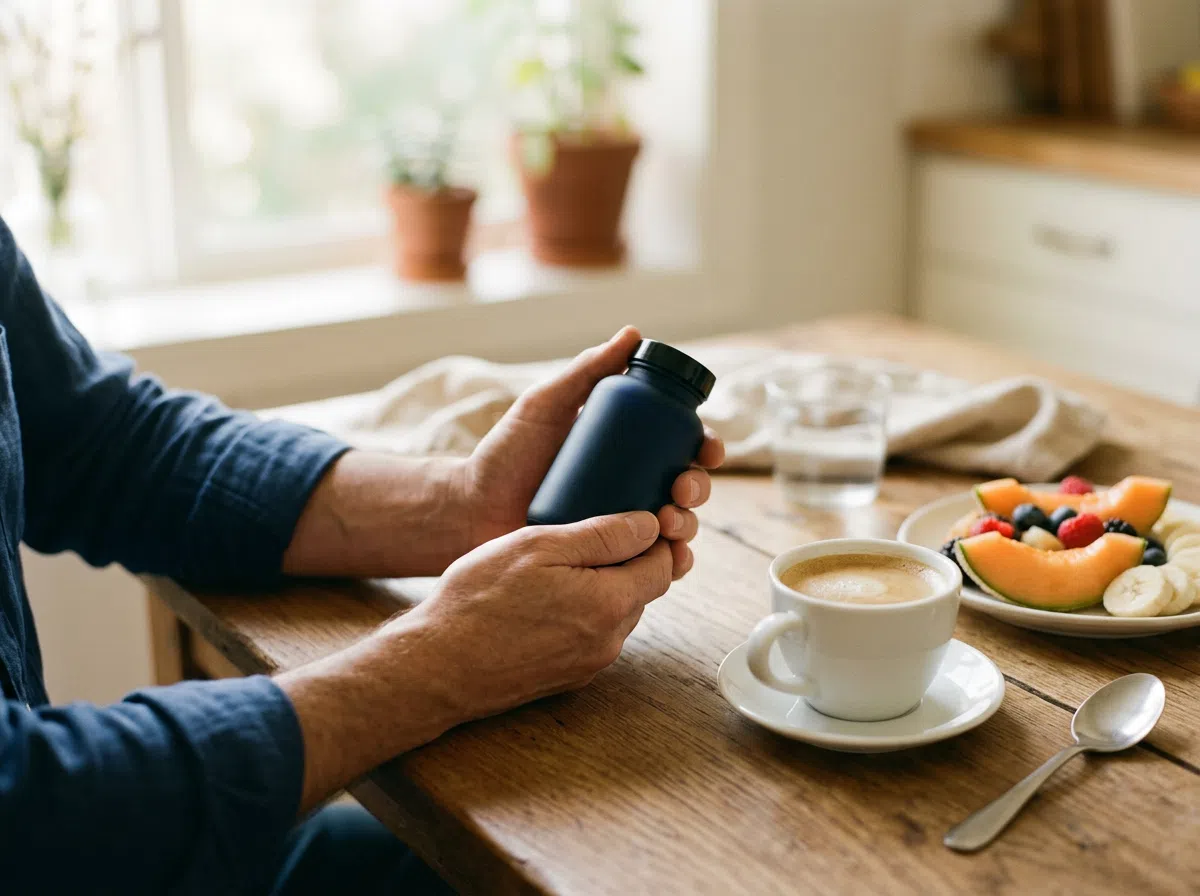 Man's hands holding dark navy Hardero supplement bottle during morning routine