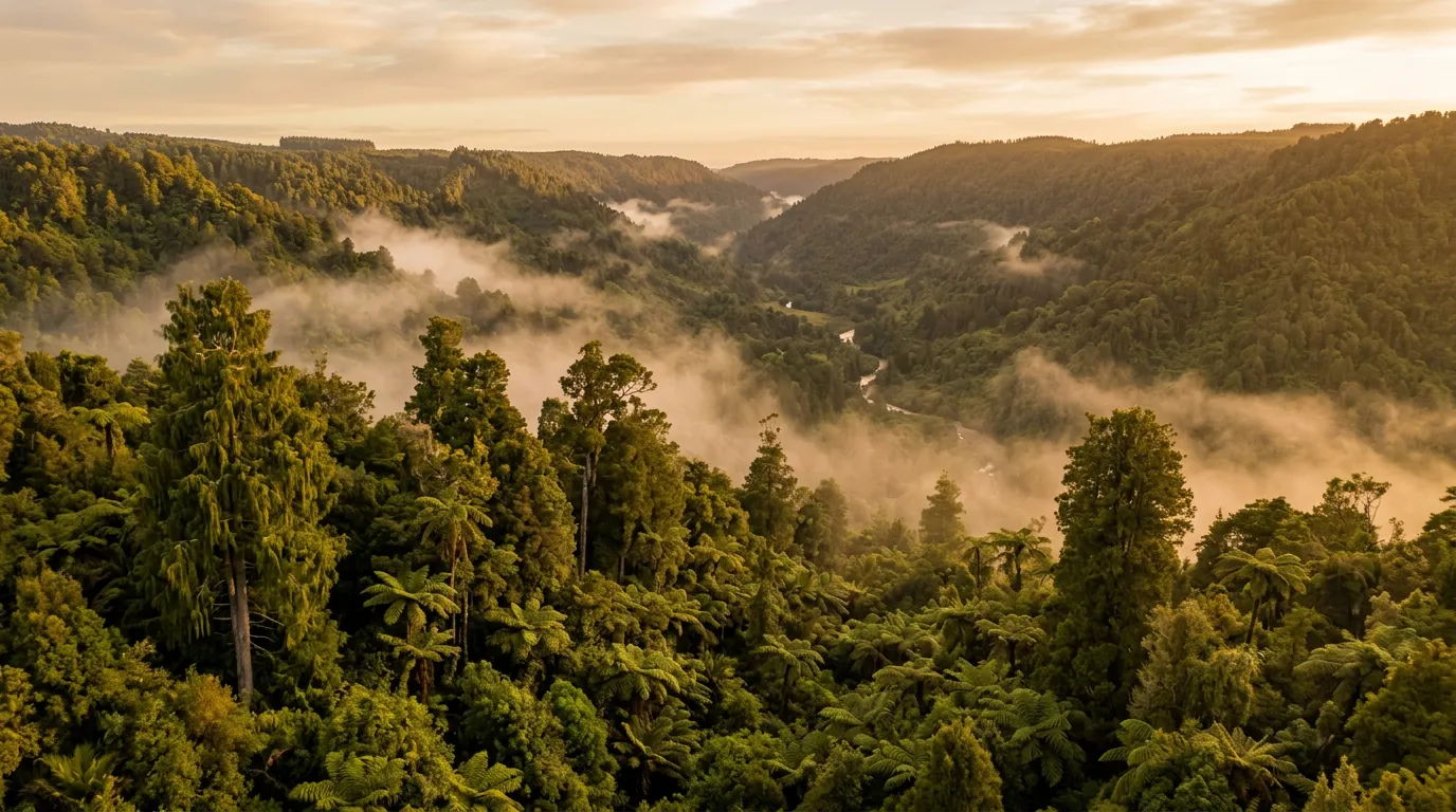 New Zealand native bush landscape at golden hour